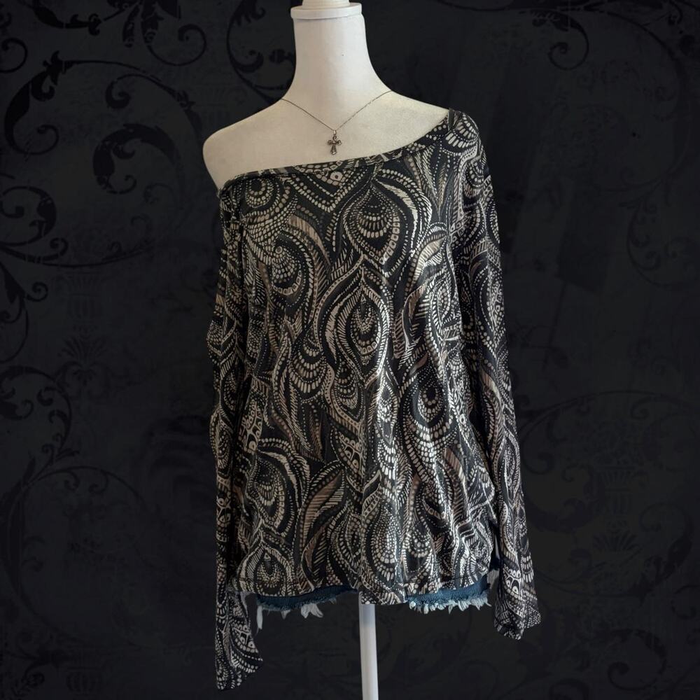 black brown taupe and ivory peacock feather paisley boho top